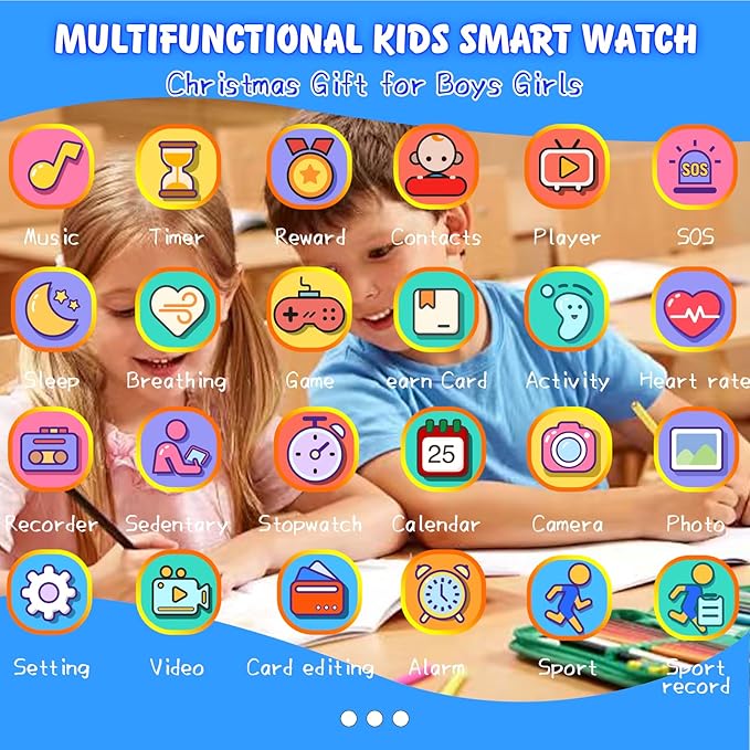 Smart Watch for Kids, 1.85" Fitness Tracker,Learning games,Sports,Sleep Monitor,Camera,Videos,Alarm Play Music Flashlight Pedometer Stopwatch Pedometer IP68 Waterproof Toys Gift for Boys and Girls