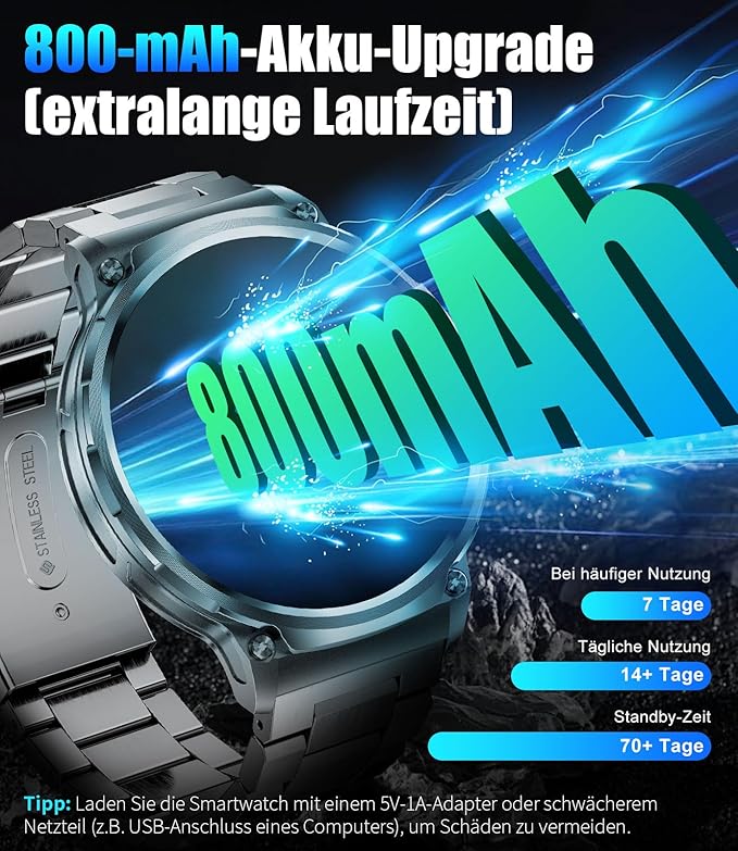 SUNKTA Smart Watches for Men,1.85" HD/730mAh Battery Smart Watches for Android/iOS (Bluetooth Call Answer/Calls) Fitness Tracker with Heart Rate/Sleep Tracking/Blood Oxygen Black