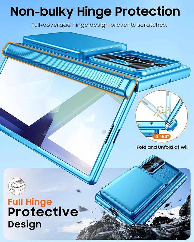 CENMASO for Samsung Galaxy Z Fold 7 Case with Card Holder [RFID Blocking] Camera Cover, Hinge Protection, Hidden Kickstand, Screen Protector, Slim Shockproof Phone Case for Galaxy Z Fold 7-Lake Blue