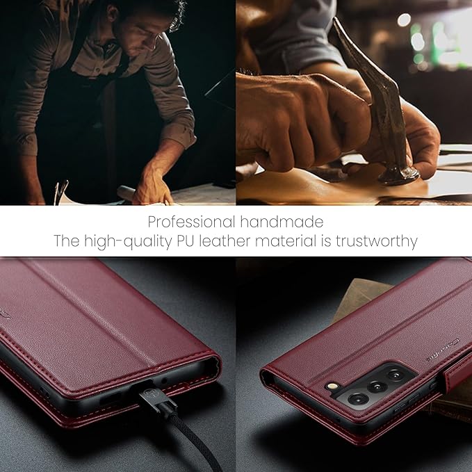 AUPAI for Samsung Galaxy S21 FE Wallet Case with Credit Card Holder, PU Leather RFID Blocking Folio Flip Kickstand Magnetic Clasp Protective Phone Cover for Women Men Wine Red