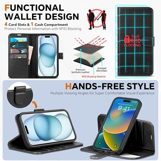 TUCCH Case Wallet for iPhone 15, Detachable 2-in-1 Kickstand RFID Blocking 4 Card Slot Wireless Charging Protective Case, Magnetic PU Leather Removable Cover Compatible with iPhone 15 6.1", Black