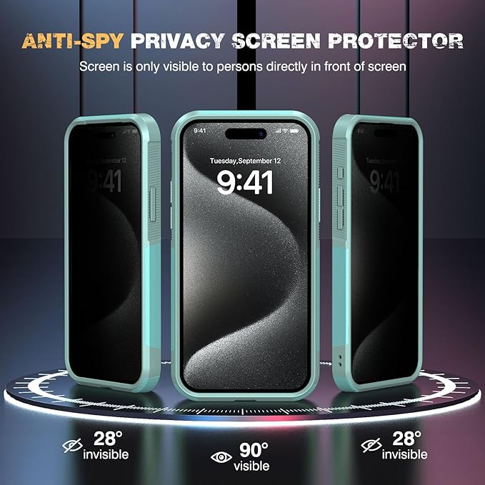 Diaclara Designed for iPhone 15 Pro Max Case, [with Privacy Screen Protector] [Anti Spy] [Military Grade Drop Protection] Heavy Duty Full-Body Shockproof Phone Case, Mint Green
