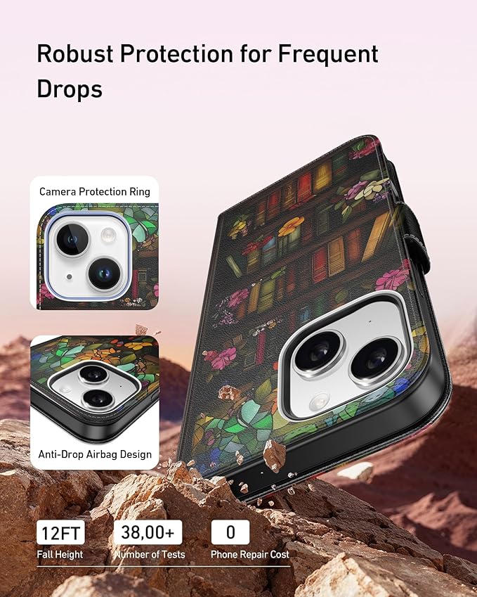 DEENAKIN for iPhone 15 Wallet Case with Card Holder + Cash Clip, RFID-Blocking, Military-Grade Drop Protection, Magnetic Closure with Leather Kickstand - Bookshelf Flowers