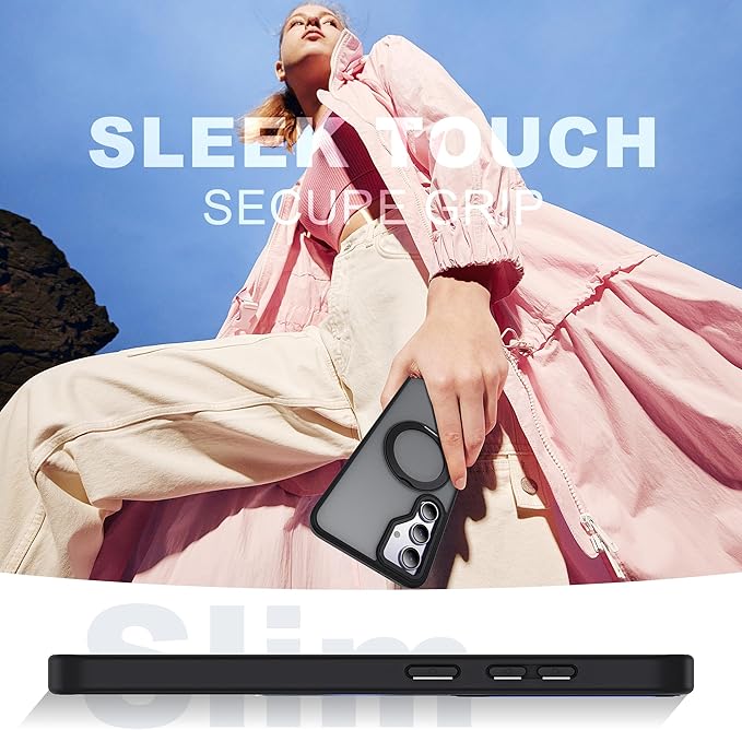 for Samsung Galaxy S23 FE Case with 360° Rotatable Magnetic Ring Stand Compatible with Mag-Safe Military Protection Shockproof Matte Translucent Phone Cases for S23 FE,Black