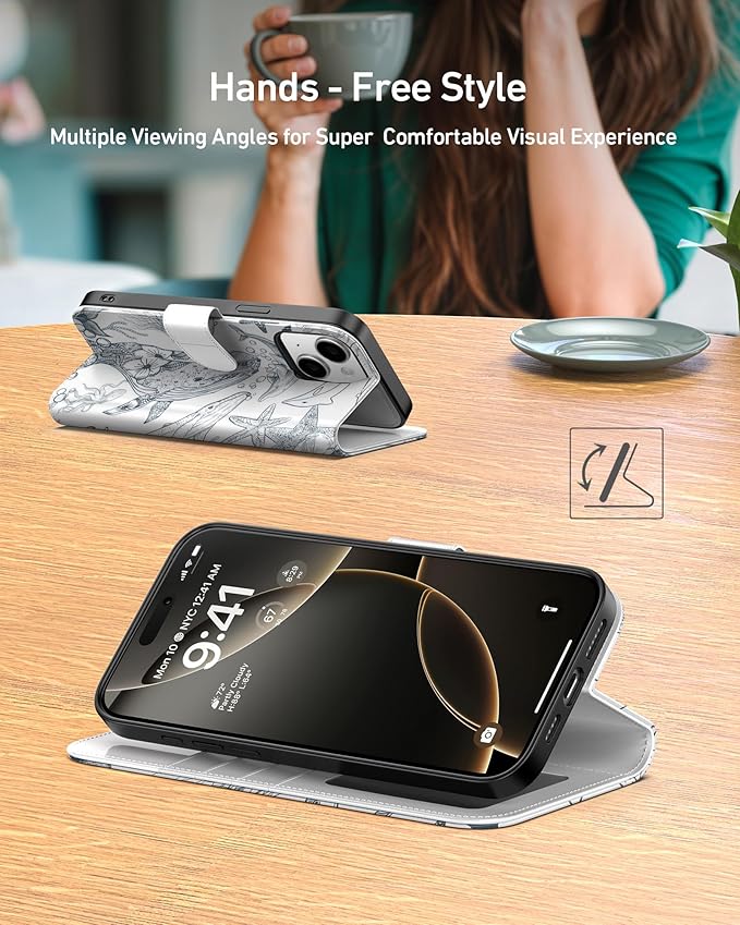 DEENAKIN for iPhone 15 Plus Wallet Case with Card Holder + Cash Clip, RFID-Blocking, Military-Grade Drop Protection, Magnetic Closure with Leather Kickstand - Dynamic Marine Life