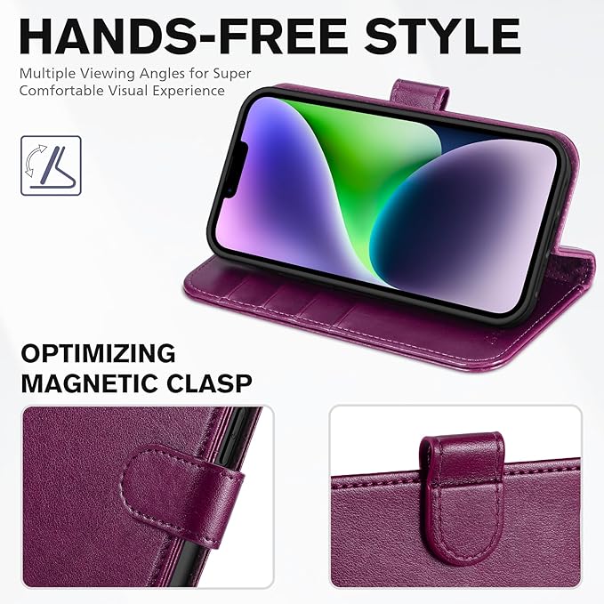TUCCH Wallet Case for iPhone 14 6.1-inch 5G, [TPU Shockproof Inner Shell] PU Leather [RFID Blocking] 4 Credit Card Holder Magnetic Kickstand Flip Cover Compatible with iPhone 14 (6.1"), Plum Purple