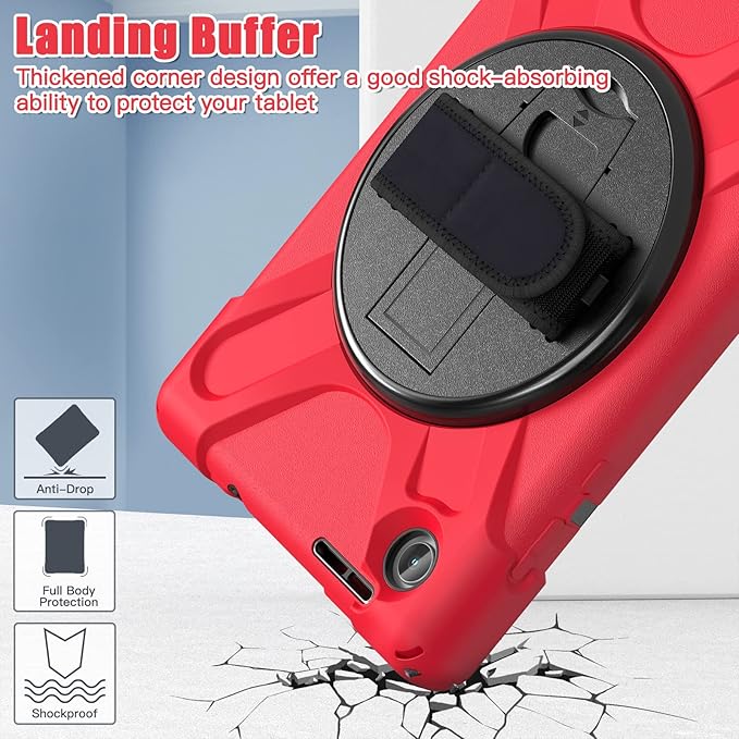 TSQQST for Lenovo Tab M8 Tablet Case 4th Gen 2024 203 Model TB301XU/TB-300FU for Kids | Silicone Rugged Protective Case with Rotating Stand Hand Strap Shoulder Strap for Lenovo Tab M8 Tablet | Red
