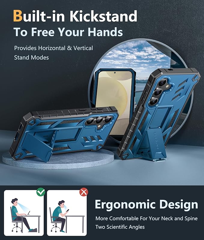 FNTCASE for Samsung Galaxy S24 Case: Military Grade Shockproof Protective Phone Cover with Kickstand | Rugged Full Drop Proof Protection | Dual Layer Matte Textured TPU Cases - 6.2 inches (Blue)