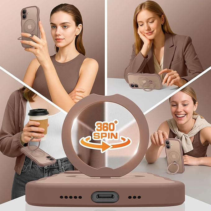 GolbinBox for iPhone 16 Plus Case,[Compatible with Magsafe][360° Spin Magnetic Stand][Military-Grade Protection][Camera Control][Cute Wave Edge] Translucent Matte Women Phone Cover for 16 Plus, Brown