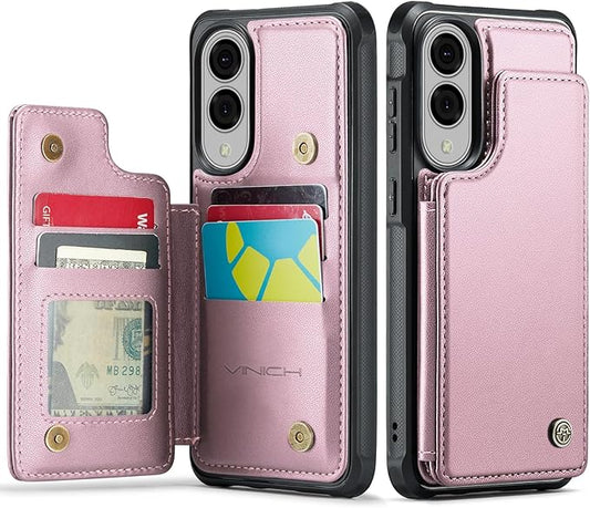 Vinich for Samsung Galaxy S25 Edge Wallet Case with Card Holder, RFID Blocking Credit Slots Kickstand Shockproof Phone Cover for Women Men, Pink
