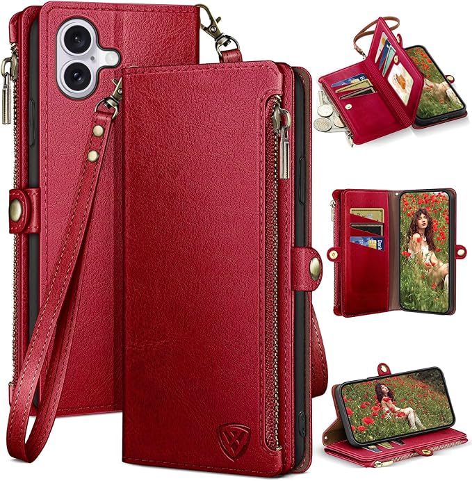 XcaseBar Compatible with iPhone 17 6.3" Wallet case with Zipper Credit Card Holder【RFID Blocking】,Flip Folio Book PU Leather Phone case Shockproof Cover Women Men for Apple 17 case Red