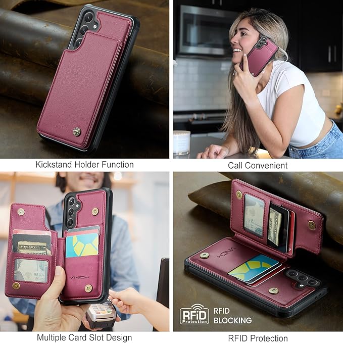 Vinich for Samsung Galaxy S24 FE Wallet Case with Card Holder, RFID Blocking Credit Slots Kickstand Shockproof Phone Cover for Women Men, Wine Red