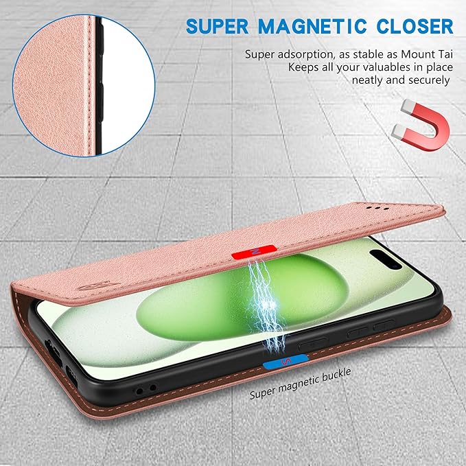 ZZXX for iPhone 15 Plus Wallet Case with [RFID Blocking] Card Slot Stand Strong Magnetic Leather Flip Fold Protective Phone Case for iPhone 15 Plus Case Wallet(Rose Gold-6.7 inch)