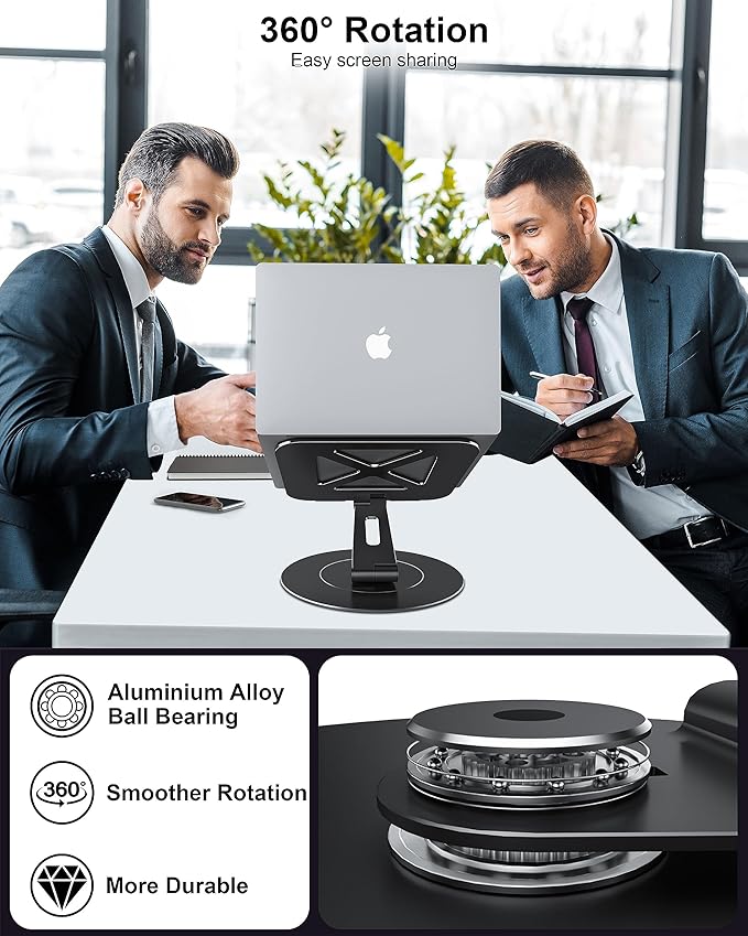 Ultra-Stable Swivel Laptop Stand for Desk with 360 Rotating Larger Base, Military-Grade Aluminum Anti-Loosening Structure - Height Adjustable Laptop Stand Suitable for 10-17.3 inch