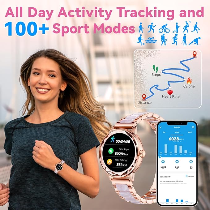 Smart Watch for Women with Make/Answer Call, 1.2" Adjustable Fitness Watch with Heart Rate Sleep Monitor Female Cycle and 100+ Sports Modes for iOS Android