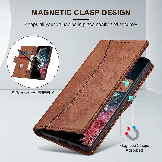 Jasonyu Flip Wallet Case for Samsung Galaxy S22 Ultra 5G,Leather Magnetic Folio Cover with Card Holder,Kickstand - TPU Shockproof Durable Protective Phone Case,Brown