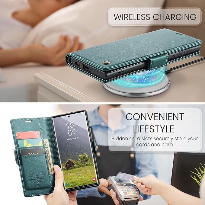 for Samsung Galaxy S25 Ultra Case, Premium PU Leather Wallet Case Flip Cover with [RFID Blocking][Card Holder][Stand Function] Shockproof Protective for Samsung Galaxy S25 Ultra, Blue-Green