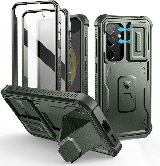 Dexnor for Samsung Galaxy S24 Case with Built-in Slide Camera Cover & Screen Protector & Kickstand, Heavy-Duty Shockproof Rugged Case Full-Body Bumper Protective Cover for Galaxy S24 (2024),Army Green