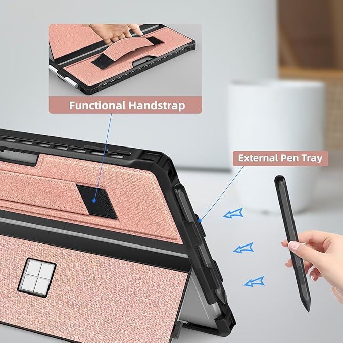 Case for 12.3" Microsoft Surface Pro 7+/7/6/5/4/Pro LTE Protective Rugged Cover Case, with Stylus Pen Holder and Hand Strap, Compatible with Type Cover Keyboard, Coupled Pink