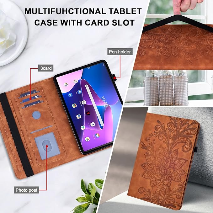 Case for Lenovo Tab M10 Plus 3rd Gen 10.6 Inch 2022 (TB125FU/128FU), Embossed Lace PU Leather Flip Folio Tablet Case with Elastic Band & Card Slots/Holder, Multi-Angle Viewing Stand Cover, Brown