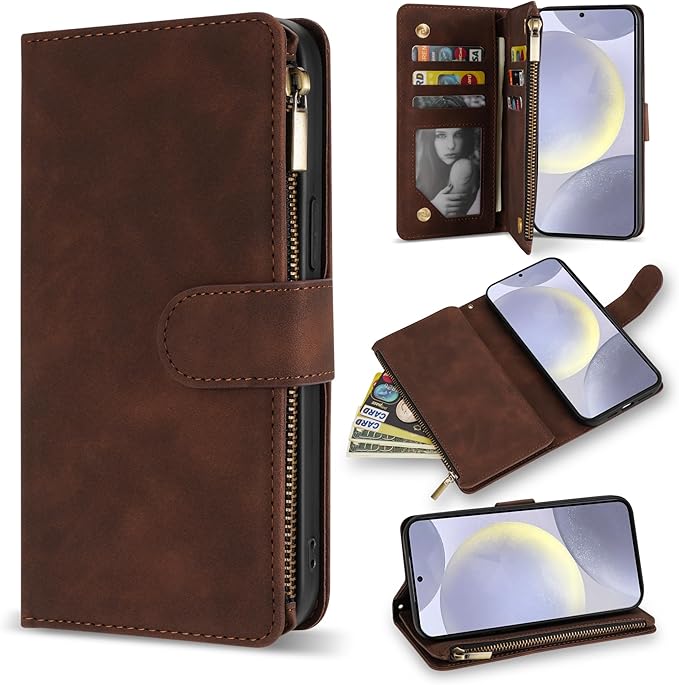 ZZXX for Samsung Galaxy S24 Plus Wallet Case with RFID Blocking Card Slot PU Leather Zipper Flip Folio with Strap Kickstand Protective Cover for Samsung Galaxy S24+ Case Wallet(Coffee-6.7 inch)