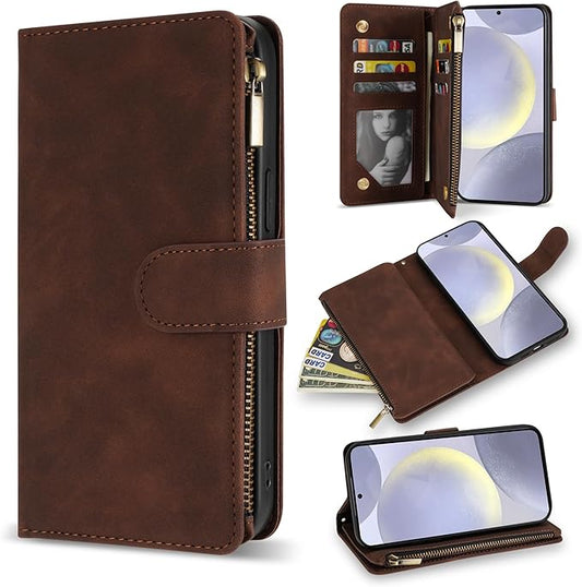 ZZXX for Samsung Galaxy S24 Plus Wallet Case with RFID Blocking Card Slot PU Leather Zipper Flip Folio with Strap Kickstand Protective Cover for Samsung Galaxy S24+ Case Wallet(Coffee-6.7 inch)