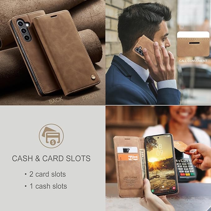 QLTYPRI Case for Samsung Galaxy S24, Vintage PU Leather Wallet Case Card Slot Kickstand Magnetic Closure Shockproof Flip Folio Case Cover for Samsung Galaxy S24 - Brown