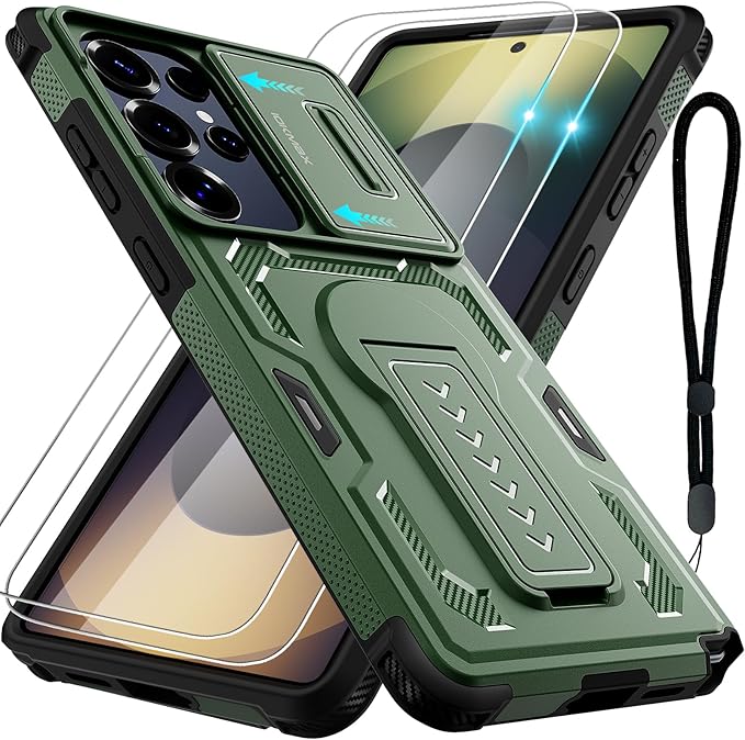 for Samsung Galaxy S25 Ultra Case with 2*Screen Protector, Slide Camera Cover, Kickstand, Lanyard Strap, Military Grade Shockproof Protective Heavy Duty Non-Slip for S25 Ultra Case-6.9'', Green
