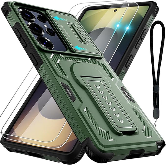 for Samsung Galaxy S25 Ultra Case with 2*Screen Protector, Slide Camera Cover, Kickstand, Lanyard Strap, Military Grade Shockproof Protective Heavy Duty Non-Slip for S25 Ultra Case-6.9'', Green