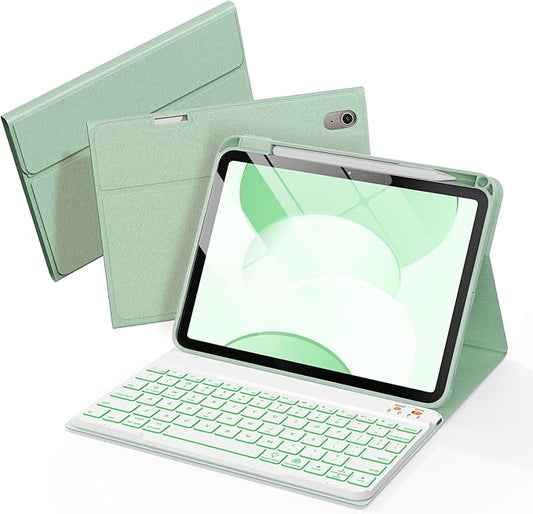 Folio Keyboard Case for iPad 10th Gen 10.9 inch (2022) and iPad 11th (A16, 2025), Magnetic Wireless Detachable Keyboard, 7-Color Backlight, Thin & Light, Pencil Holder (Green)