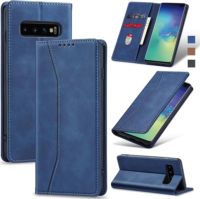 Jasonyu Flip Wallet Case for Samsung Galaxy S10 Plus,Leather Magnetic Folio Cover with Card Holder,Kickstand - TPU Shockproof Durable Protective Phone Case,Blue