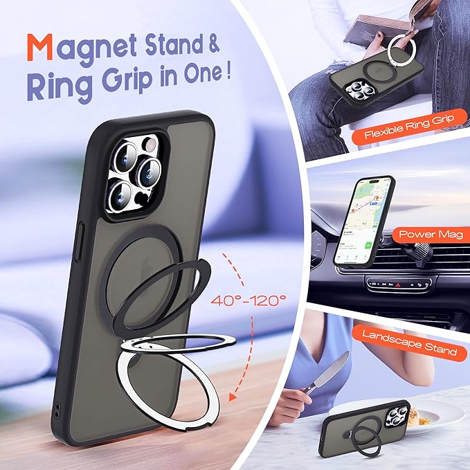 Designed for iPhone 16 Pro Case with Magnetic Ring Stand [Compatible with Mag-Safe] [Military Drop Protection] Shockproof Translucent Phone Cover for iPhone 16 Pro 6.3",Black
