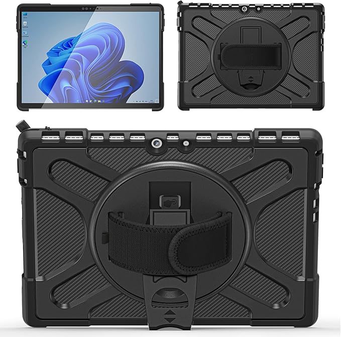 Junfire Protective Case for Microsoft Surface Pro 11/Pro 10/Pro 9, Shockproof Rugged Case 13 inch with 360°Rotatable Kickstand/Hand Strap/Stylus Holder, Compatible with Type Cover Keyboard-Black