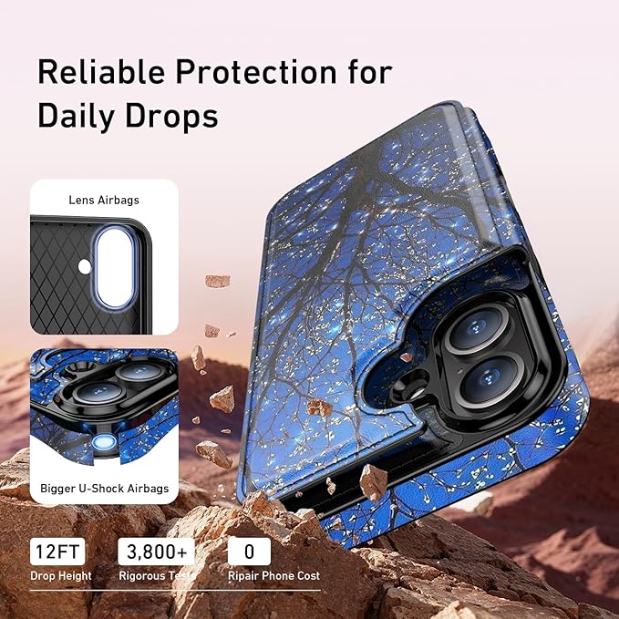 FUNMIKO for iPhone 16 Wallet Case with Card Holder, RFID-Blocking, Military-Grade Protection & UV-Printed Artwork, Magnetic Closure with Leather Kickstand - Dreamy Wishing Tree