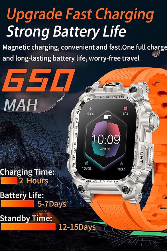 Tough Smart Watch for Working Men with Flashlight, 2.01" HD Ultra Large Rugged Smartwatch Bluetooth Call/Heart Rate/Sleep Monitor Hiking Camping Fitness Track Watches