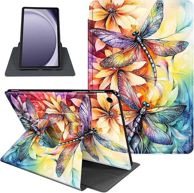 Case for Samsung Galaxy Tab A9 8.7 Inch 2023 Tablet Case, 360 Degree Rotating Folio Stand Smart Cover for Samsung Galaxy Tab A9 Tablet, Auto Sleep/Wake, Dragonflies Flowers