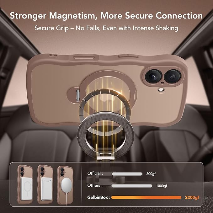 GolbinBox for iPhone 16 Plus Case,[Compatible with Magsafe][360° Spin Magnetic Stand][Military-Grade Protection][Camera Control][Cute Wave Edge] Translucent Matte Women Phone Cover for 16 Plus, Brown