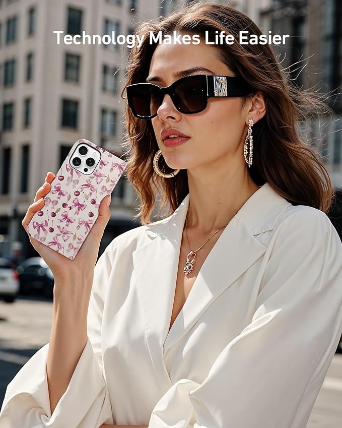 DEENAKIN for iPhone 15 Pro Max Wallet Case with Card Holder + Cash Clip, RFID-Blocking, Military-Grade Drop Protection, Magnetic Closure with Leather Kickstand - Cherry & Bowknot