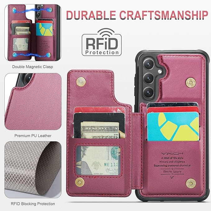 Vinich for Samsung Galaxy S24 Plus Wallet Case with Card Holder, RFID Blocking Credit Slots Kickstand Shockproof Phone Cover for Women Men, Wine Red