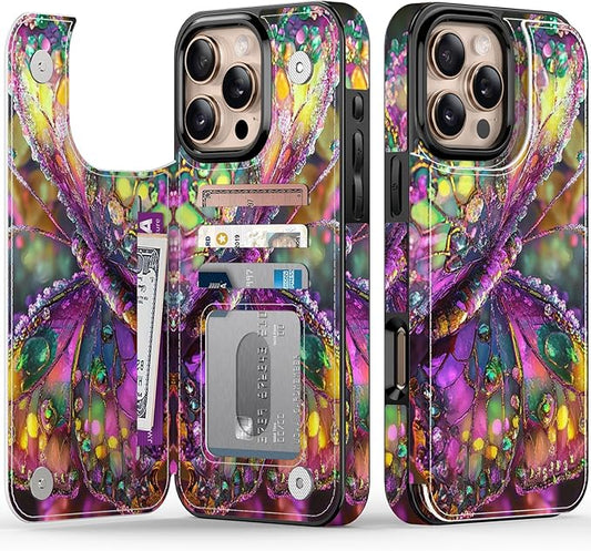 FUNMIKO for iPhone 16 Pro Max Wallet Case with Card Holder, RFID-Blocking, Military-Grade Protection & UV-Printed Artwork, Magnetic Closure with Leather Kickstand - Vibrant Elegant Butterfly