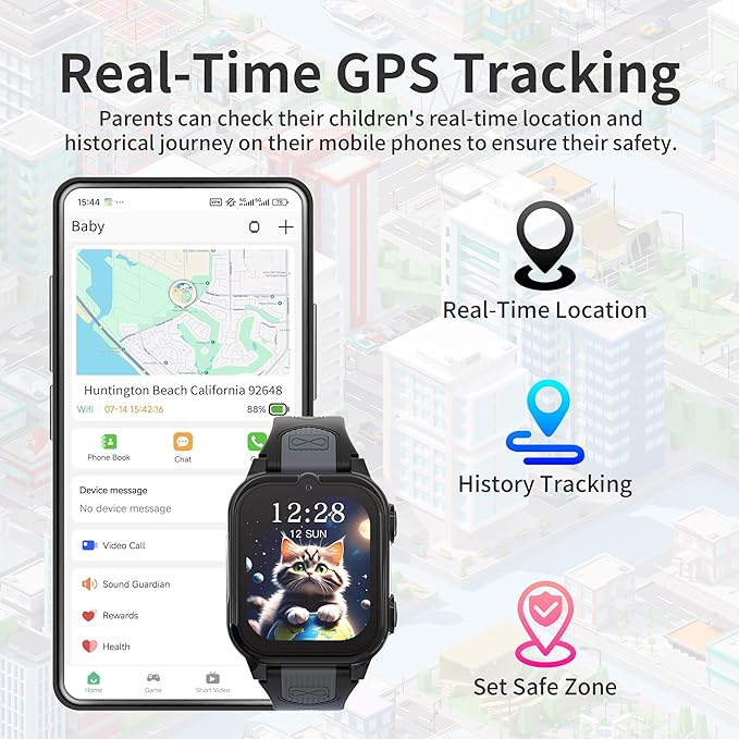 4G Kids Smart Watch Boys with GPS Tracker Video & Voice Calling Text, GPS Watch for Kids Age 5-12, SOS Call Chat Camera Pedometer Alarm Calculator Games Boys Gifts(Black)