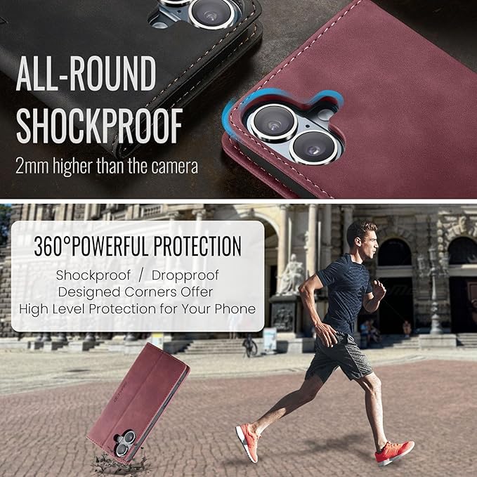 QLTYPRI for iPhone 16 Plus Case Wallet with Card Holder, Vintage PU Leather Kickstand Magnetic Closure Shockproof Folio Book Cover Case for iPhone 16 Plus - Wine Red