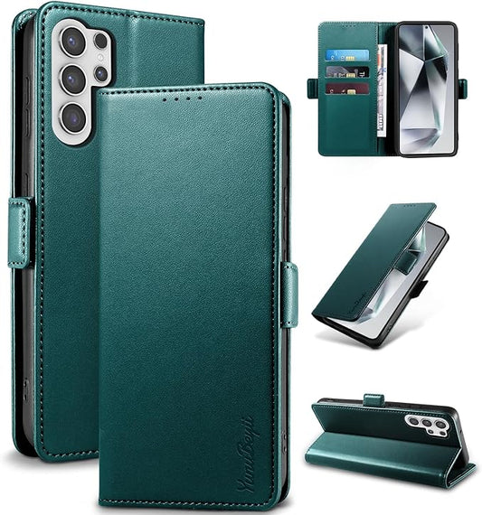 Wallet Flip Case for Samsung Galaxy S25 Ultra 5G - [RFID Blocking] Luxury PU Leather Card Holder Magnetic Phone Cover with Kickstand,Shockproof Protective Case,Green