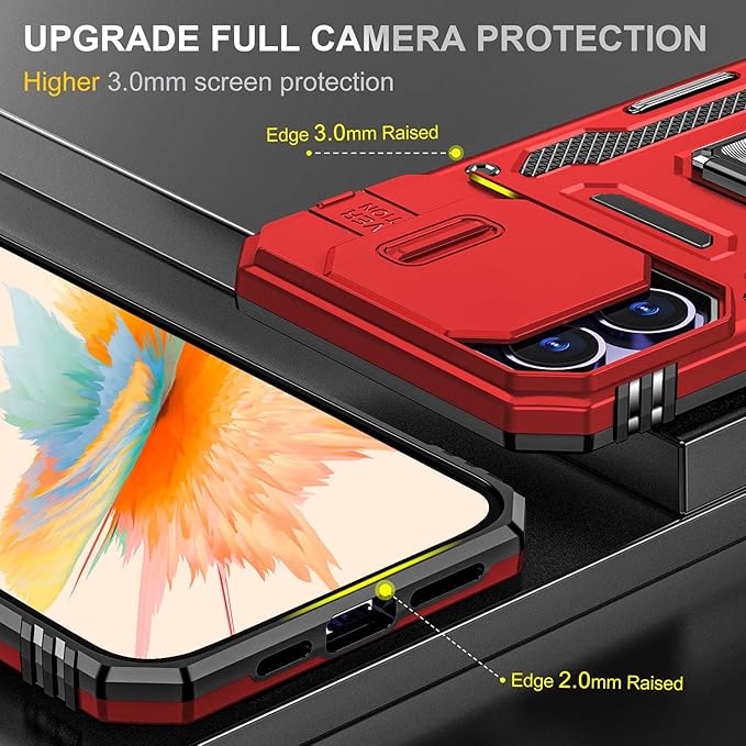 Case for iPhone 14 Pro Max Phone Case iPhone 14 Pro Max Case with Slide Camera Cover, with Finger Ring Holder Stand, fit Magnetic Car Mount, for iPhone 14 Pro Max (Red)