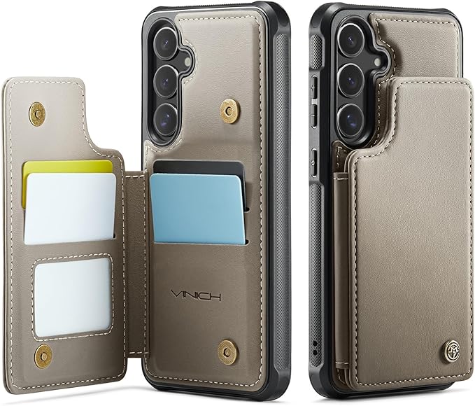 Vinich for Samsung Galaxy S25 Wallet Case with Card Holder, RFID Blocking Credit Slots Kickstand Shockproof Phone Cover for Women Men, Gray