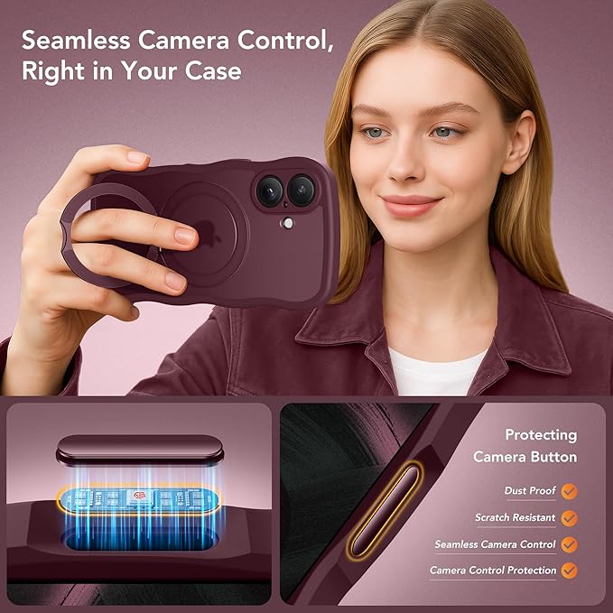 for iPhone 16 Case, [Compatible with Magsafe][360° Spin Magnetic Stand][Military-Grade Protection][Camera Control][Cute Wave Edge]Translucent Matte Women Phone Cover for iPhone 16, Wine Red