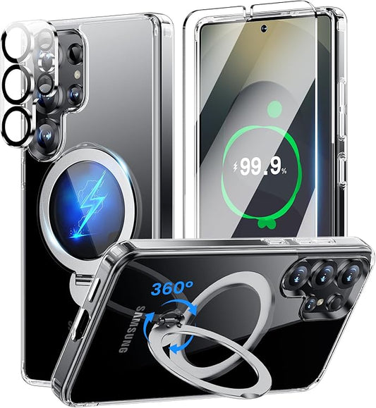 360° Rotatable Stand for Samsung Galaxy S25 Ultra Case Magnetic with Screen Protector X1 & Camera Lens Protector*1, Compatible with MagSafe, 16FT Mil-Grade Shockproof Case for S25 Ultra 6.9", Clear