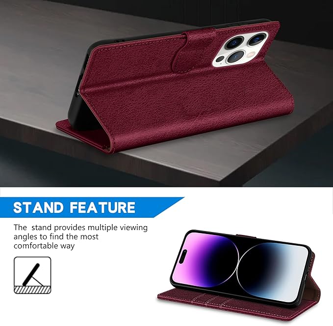 ZZXX for iPhone 14 Pro Max Wallet Case with [RFID Blocking] Card Slot Kickstand Magnetic Closure Leather Flip Fold Protective Phone Case for iPhone 14 Pro Max Case Wallet(Wine Red-6.7 inch)