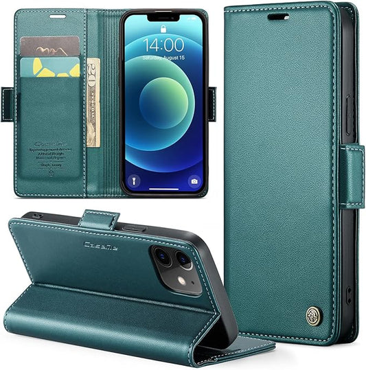 for iPhone 12 Mini Case, Premium PU Leather Wallet Case Flip Cover with [RFID Blocking][Card Holder][Stand Function] Shockproof Protective for iPhone 12 Mini 5.4 inch, Blue-Green