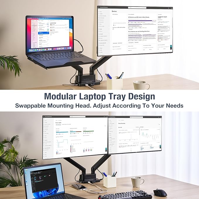 AVLT Dual 17”-38" Monitor Arm Desk Mount with 17" Laptop Tray and USB-C Docking Station, HDMI 4K60Hz, USB-A 5Gbps, Ethernet, 100W PD, Fits Two Flat/Curved Monitor - Black